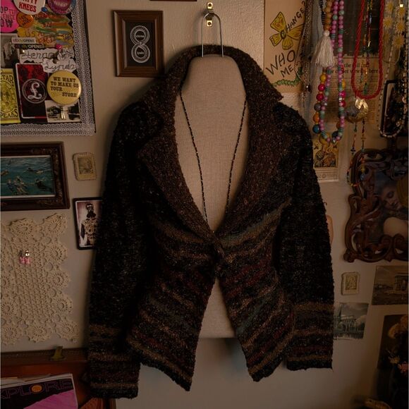 Vintage Striped Sweater Blazer Women's Medium Brown Chunky Collared - Picture 1 of 6